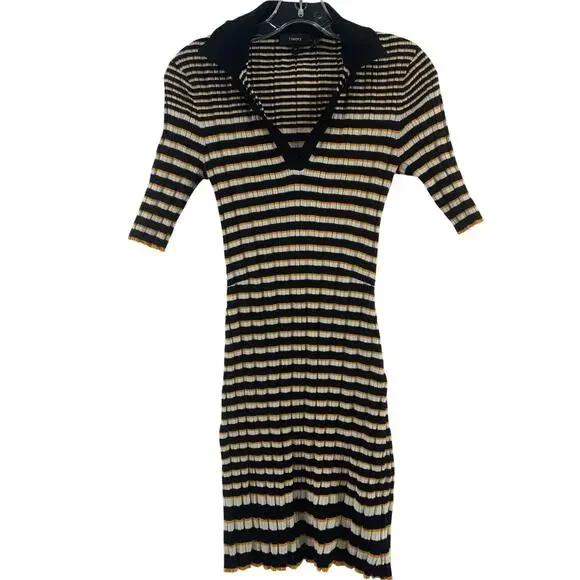 Theory | Dresses | Theory Black Cream Striped Ribbed Knit Polo Dress Womens  M Knee Length Preowned | Poshmark